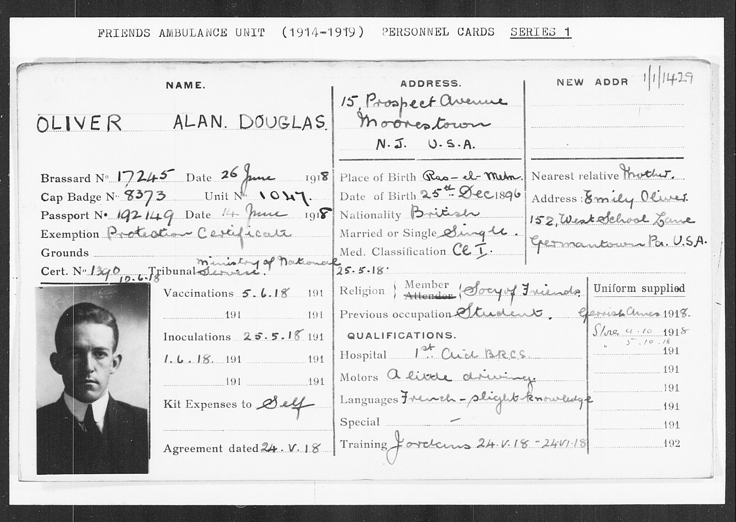 Oliver, Douglas Friends Ambulance personnel card 1